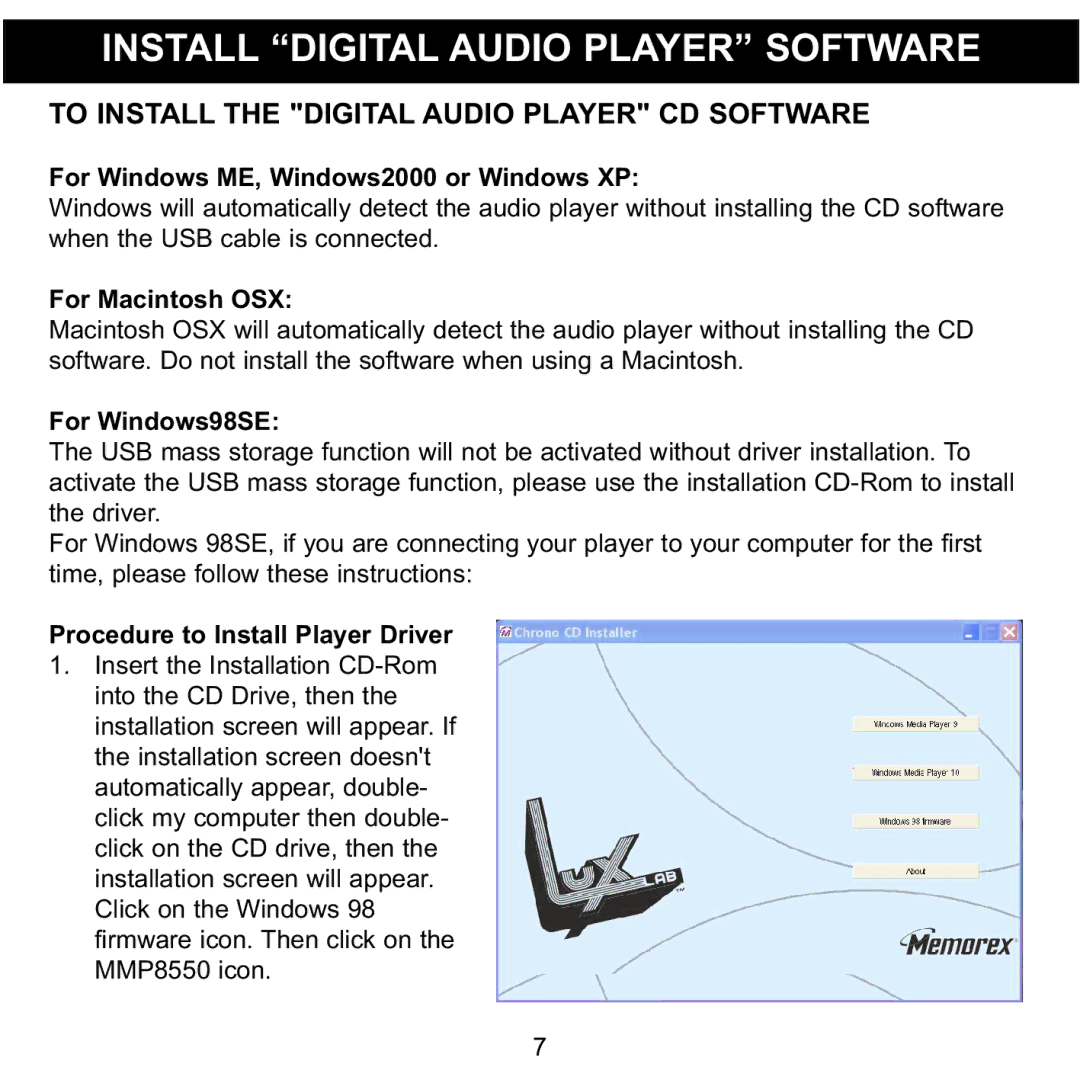 Memorex MMP8550 manual Install Digital Audio Player Software, To Install the Digital Audio Player CD Software 