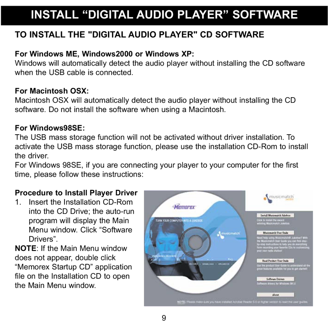 Memorex MMP8560 manual Install Digital Audio Player Software, To Install the Digital Audio Player CD Software 