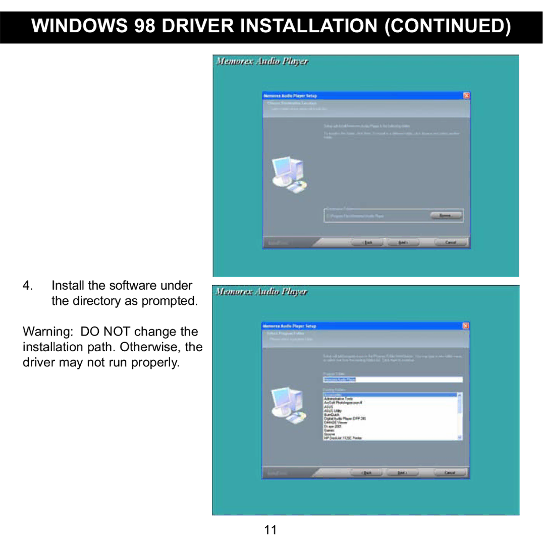 Memorex MMP8560 manual Install the software under the directory as prompted 