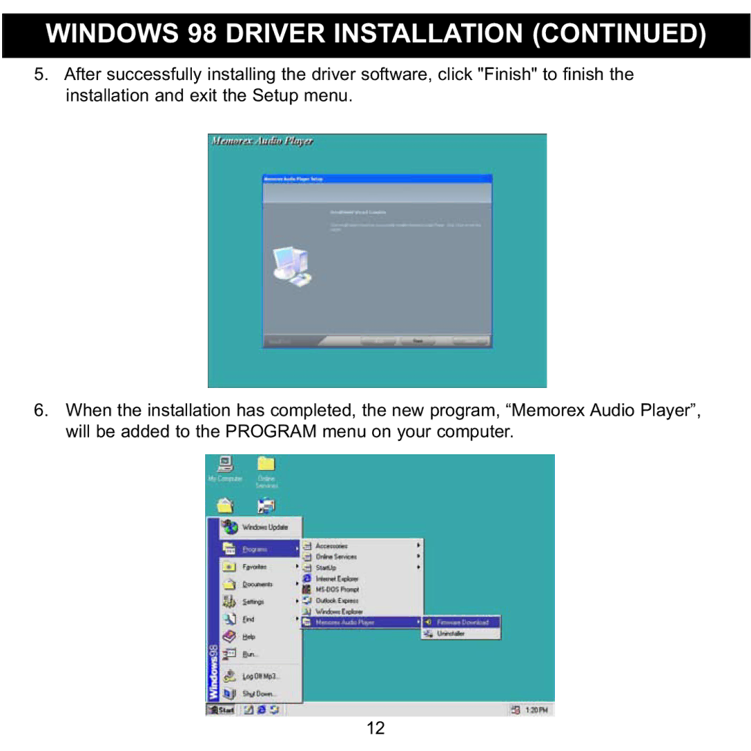 Memorex MMP8560 manual Windows 98 Driver Installation 