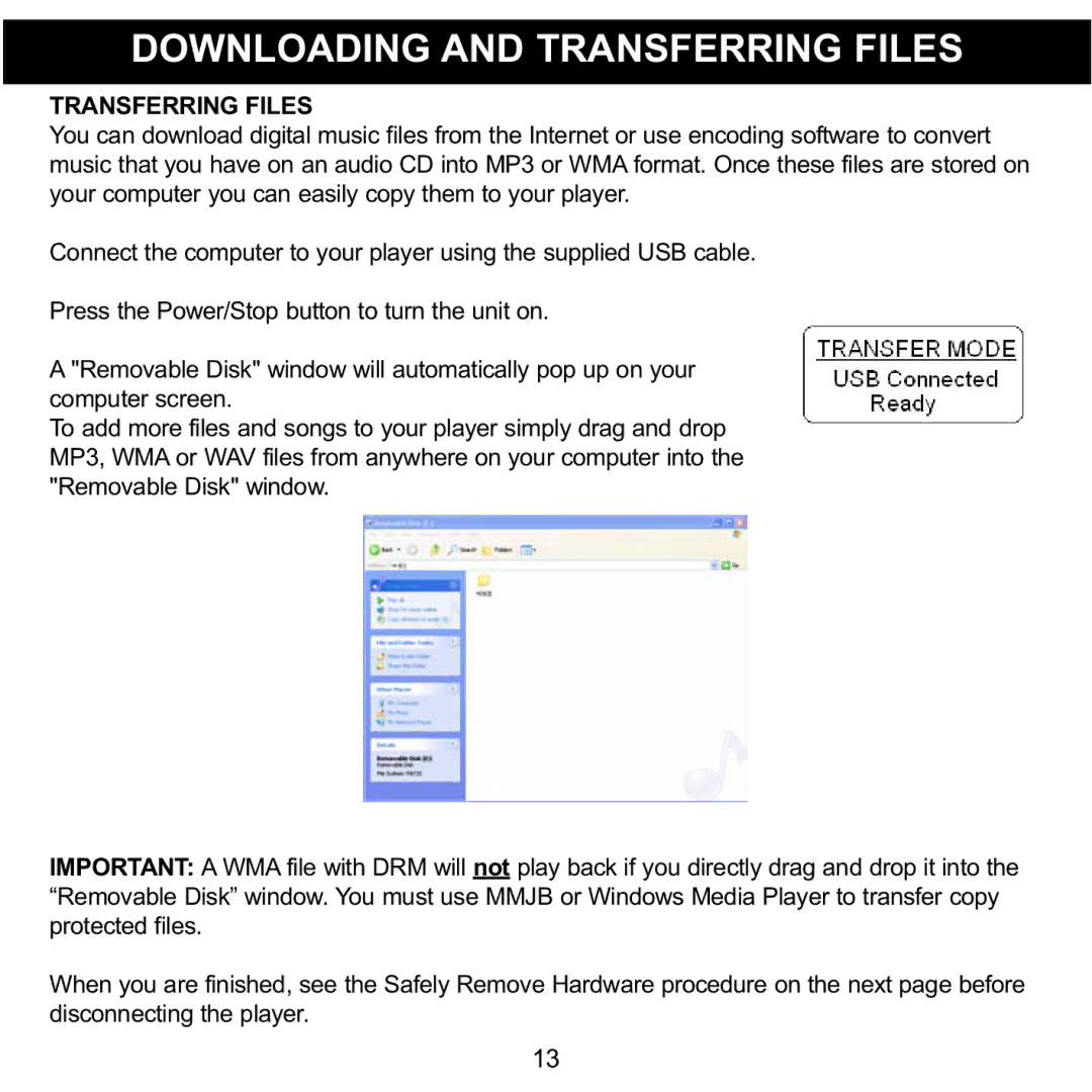 Memorex MMP8560 manual Downloading and Transferring Files 