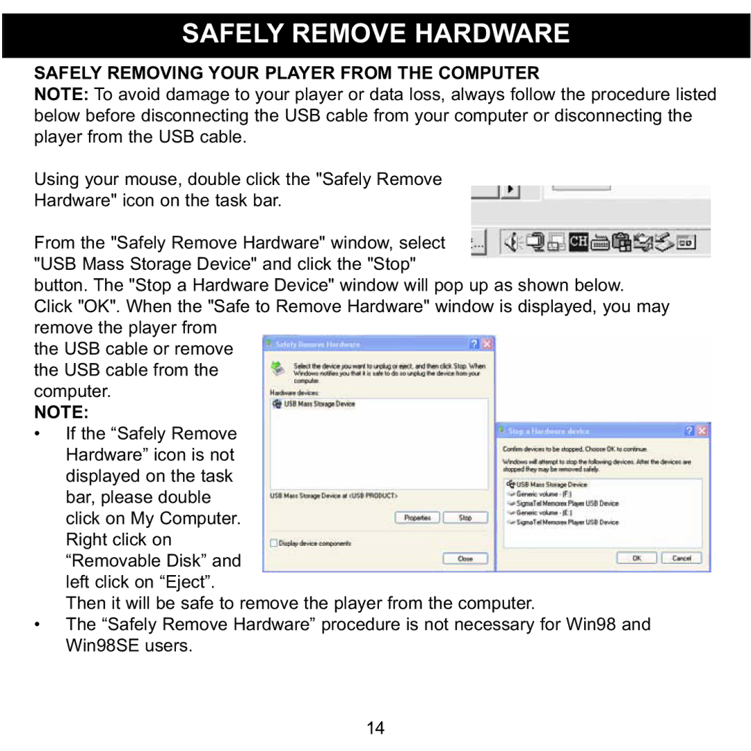 Memorex MMP8560 manual Safely Remove Hardware, Safely Removing Your Player from the Computer 