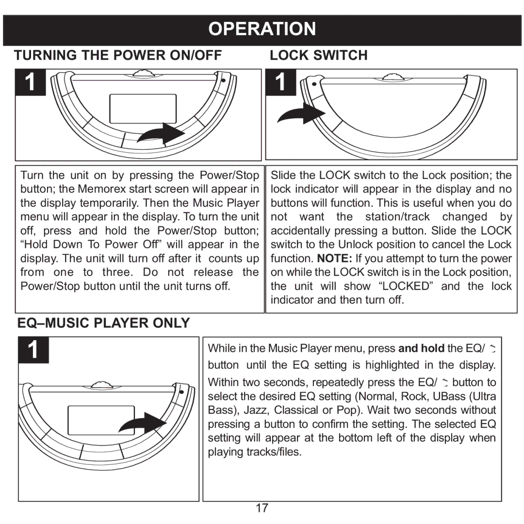 Memorex MMP8560 manual Operation, Turning the Power ON/OFF Lock Switch, EQ-MUSIC Player only 