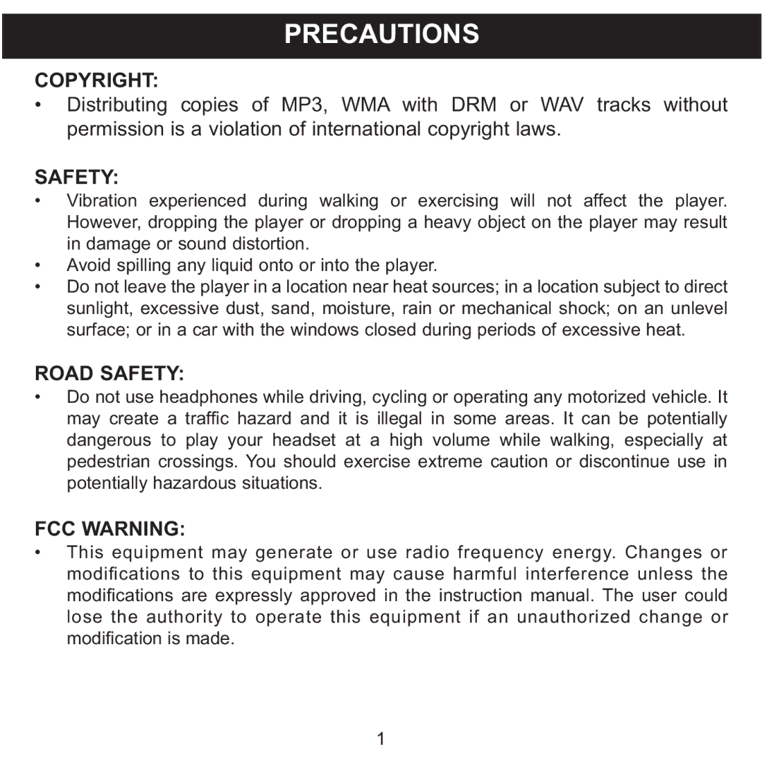 Memorex MMP8560 manual Precautions, Copyright, Road Safety, FCC Warning 