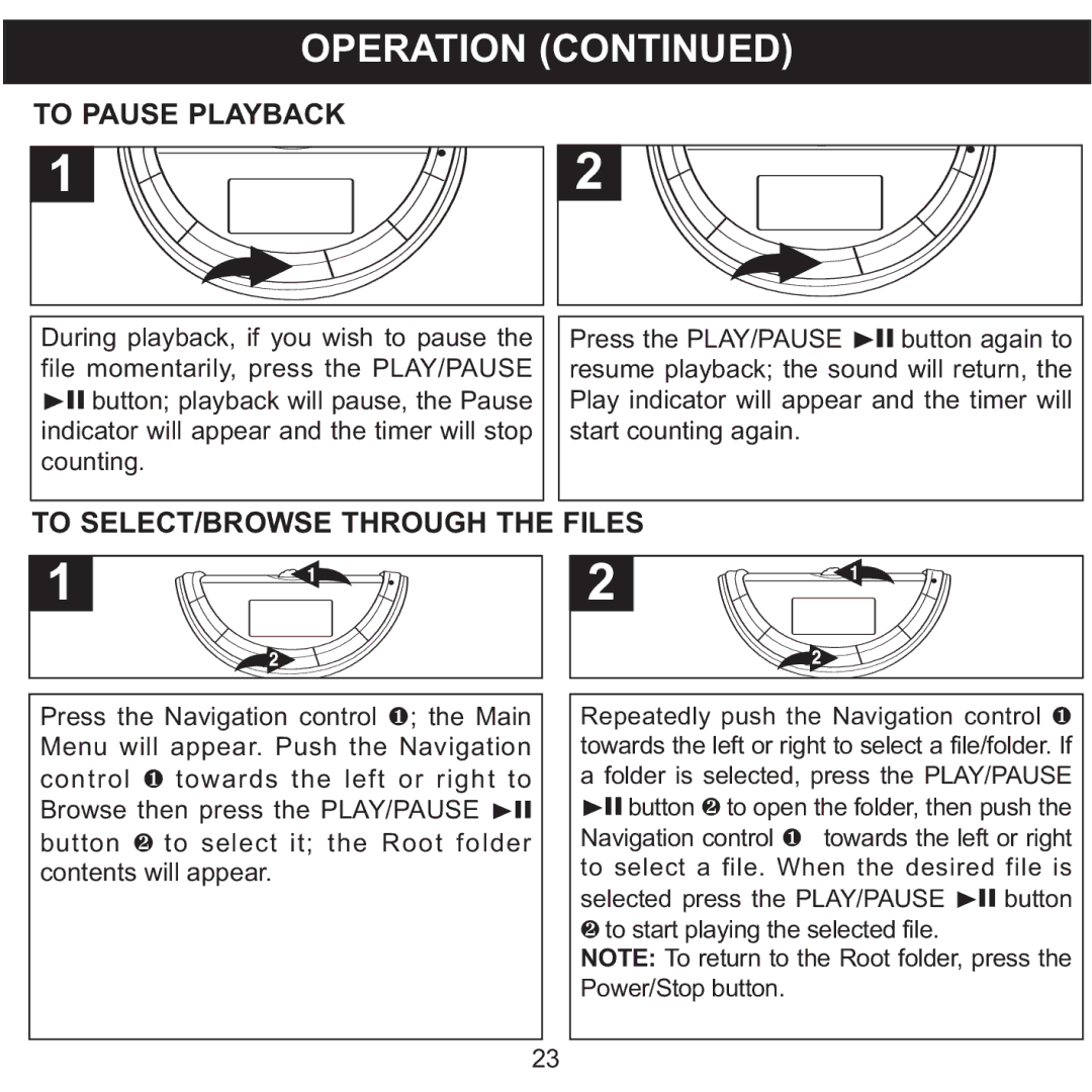 Memorex MMP8560 manual To Pause Playback, To SELECT/BROWSE Through the Files 