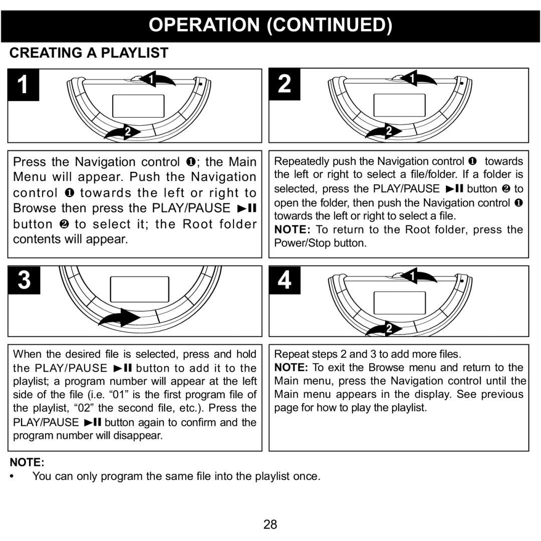 Memorex MMP8560 manual Creating a Playlist, You can only program the same file into the playlist once 