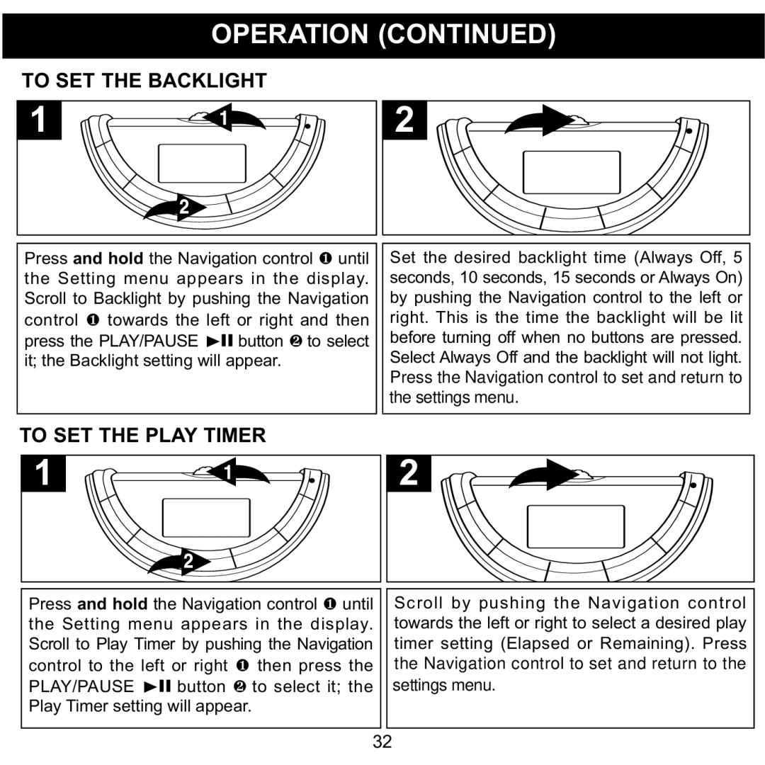 Memorex MMP8560 manual To SET the Backlight, To SET the Play Timer, It the Backlight setting will appear, Settings menu 