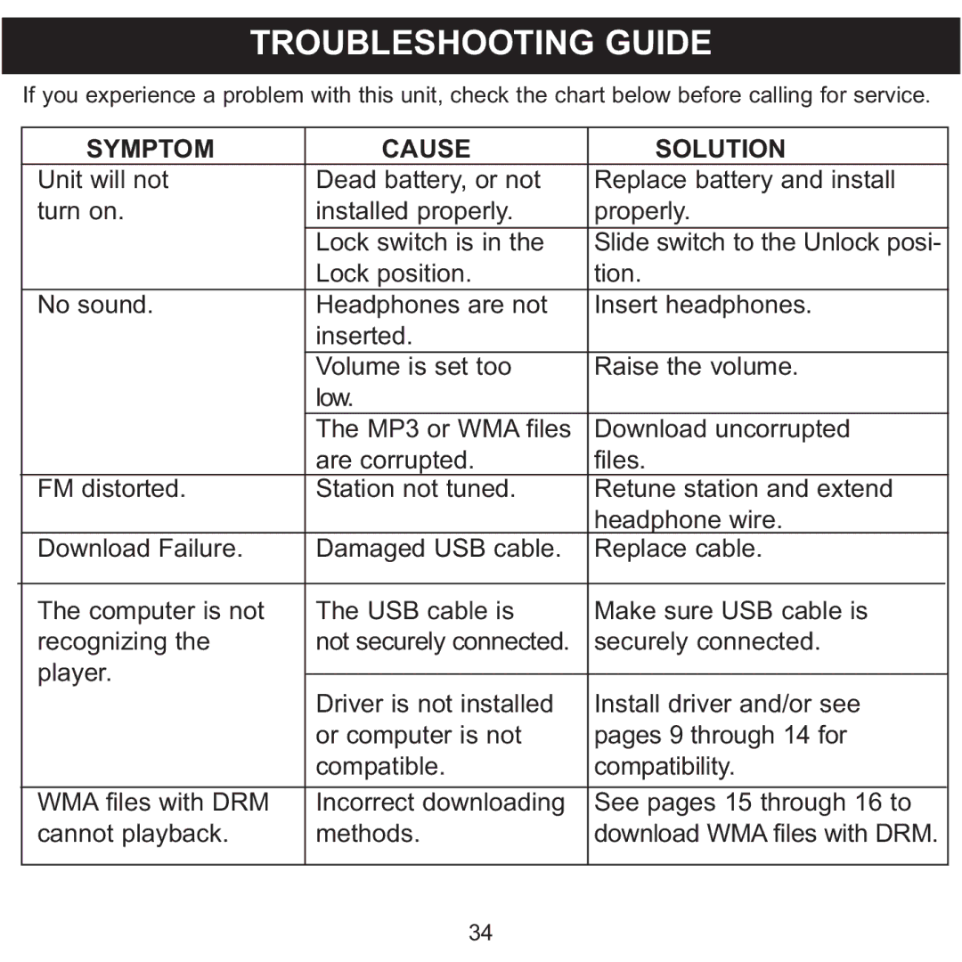 Memorex MMP8560 Troubleshooting Guide, Symptom Cause Solution, Slide switch to the Unlock posi, Not securely connected 