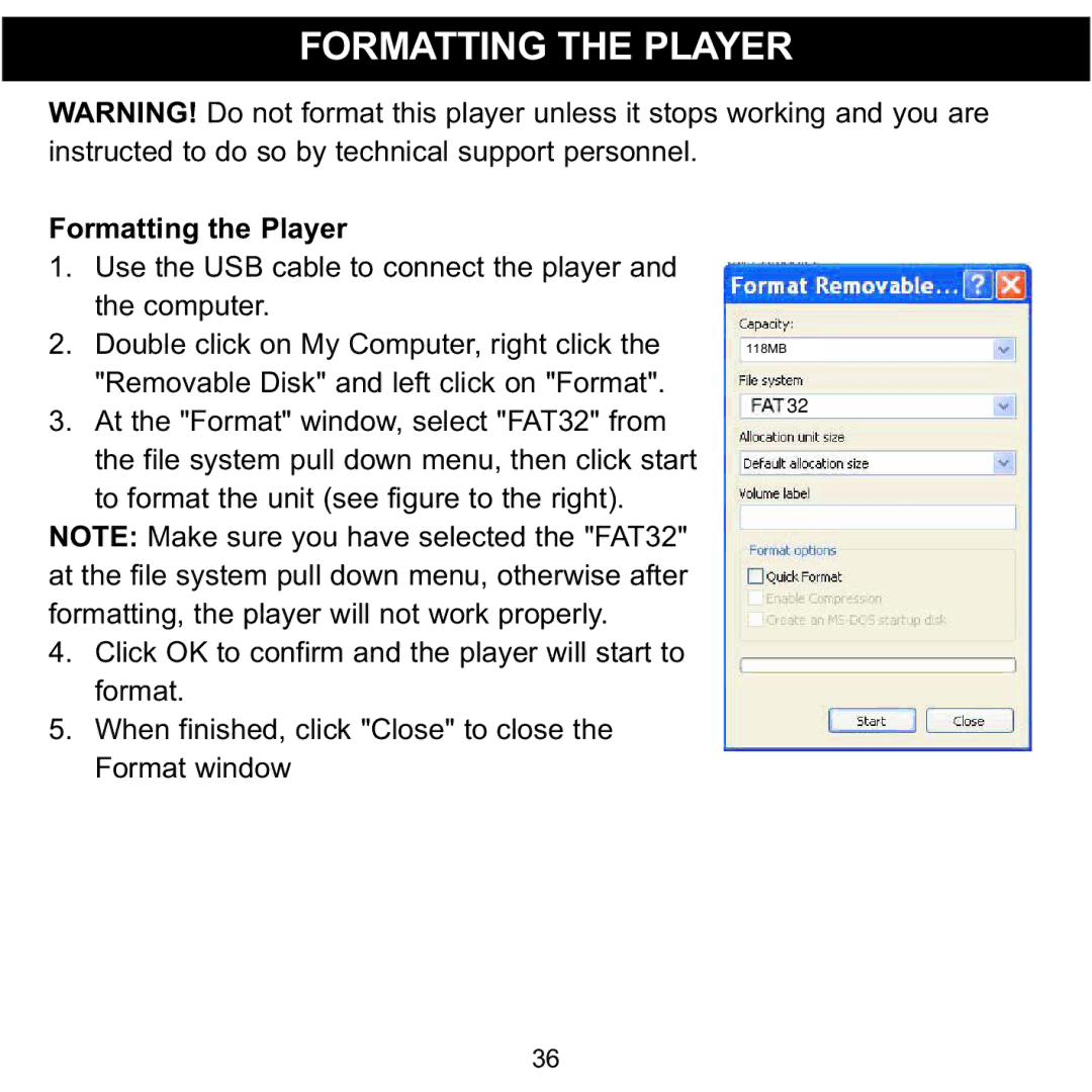 Memorex MMP8560 manual Formatting the Player 