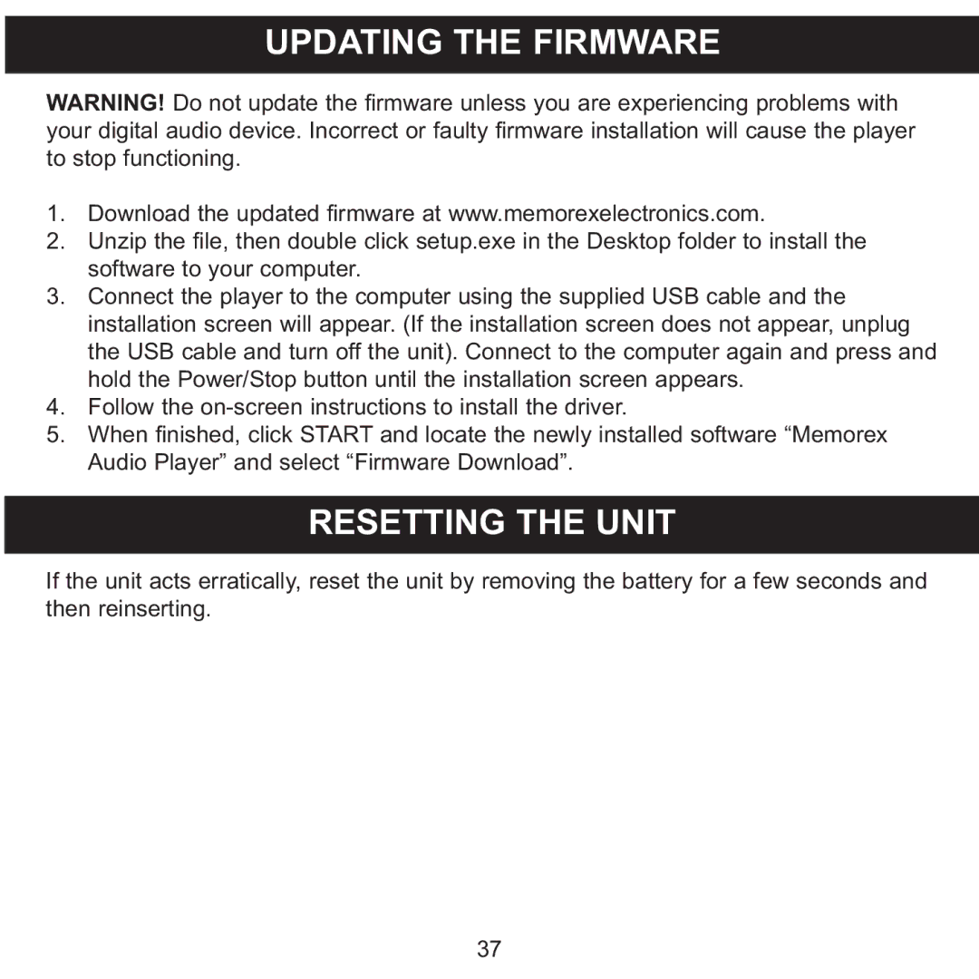 Memorex MMP8560 manual Updating the Firmware, Resetting the Unit 