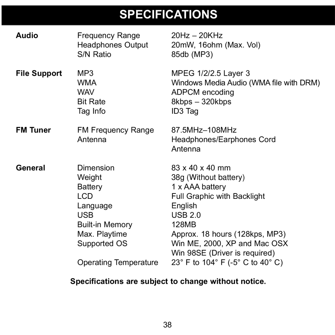 Memorex MMP8560 manual Specifications, Frequency Range Headphones Output Ratio, Dimension Weight Battery, Language 