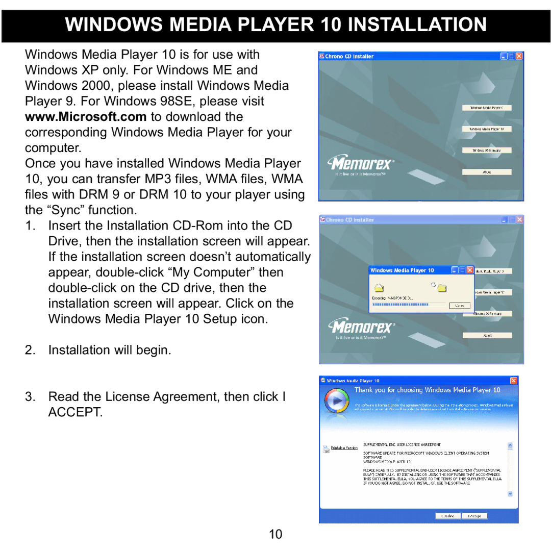 Memorex MMP8565 manual Windows Media Player 10 Installation 