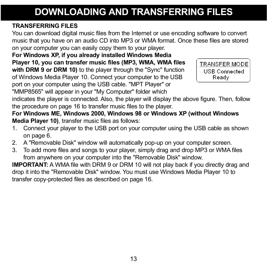 Memorex MMP8565 manual Downloading and Transferring Files 