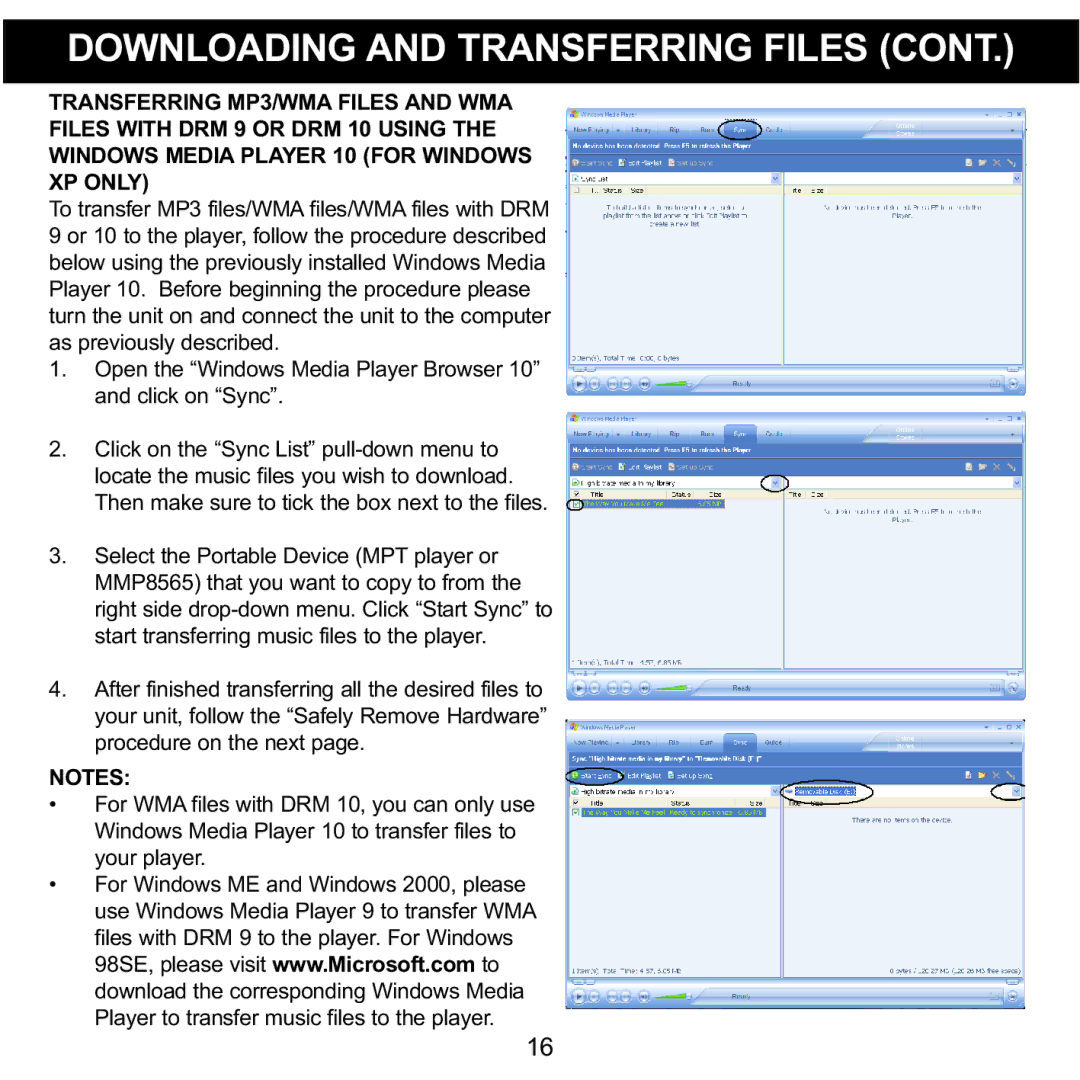 Memorex MMP8565 manual Downloading and Transferring Files 