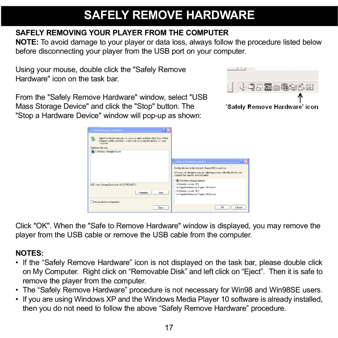 Memorex MMP8565 manual Safely Remove Hardware, Safely Removing Your Player from the Computer 