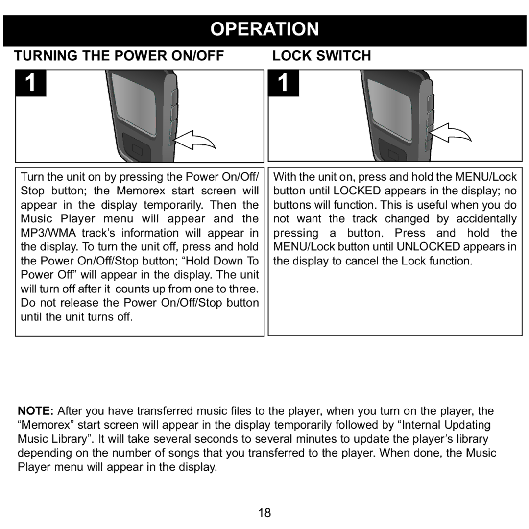 Memorex MMP8565 manual Operation, Turning the Power ON/OFF Lock Switch 