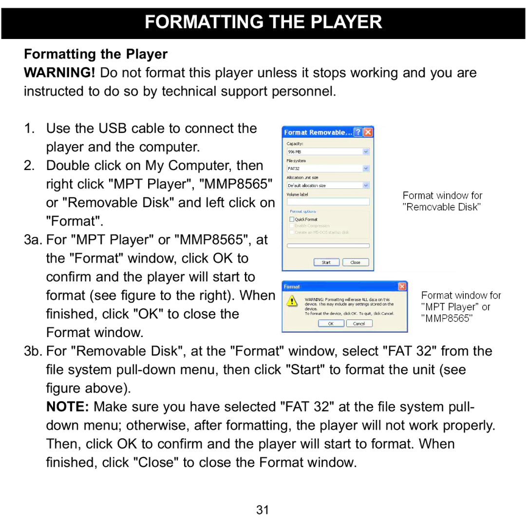 Memorex MMP8565 manual Formatting the Player 