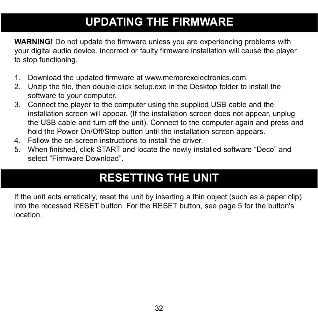 Memorex MMP8565 manual Updating the Firmware, Resetting the Unit 