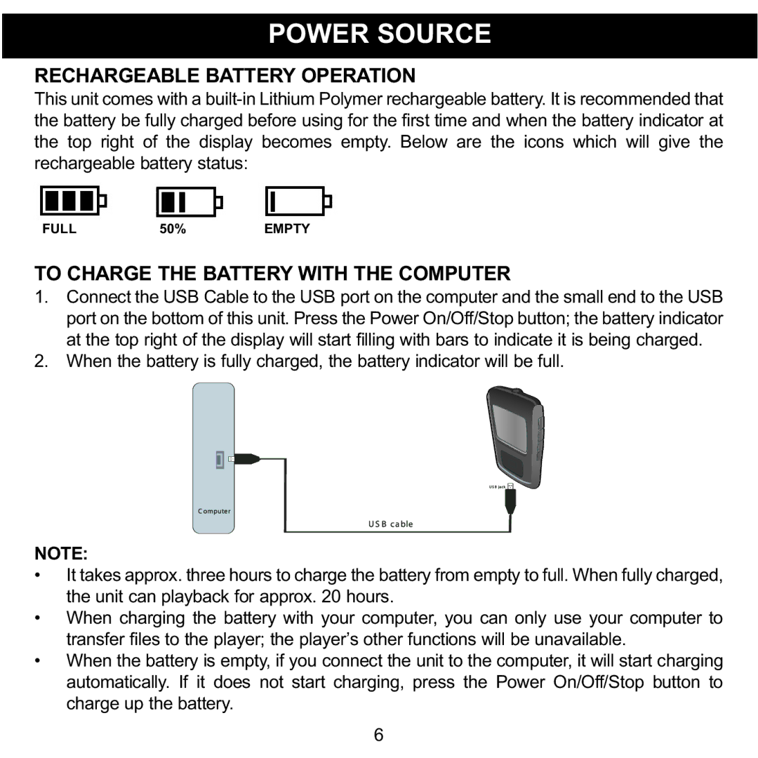 Memorex MMP8565 manual Power Source, Rechargeable Battery Operation, To Charge the Battery with the Computer 