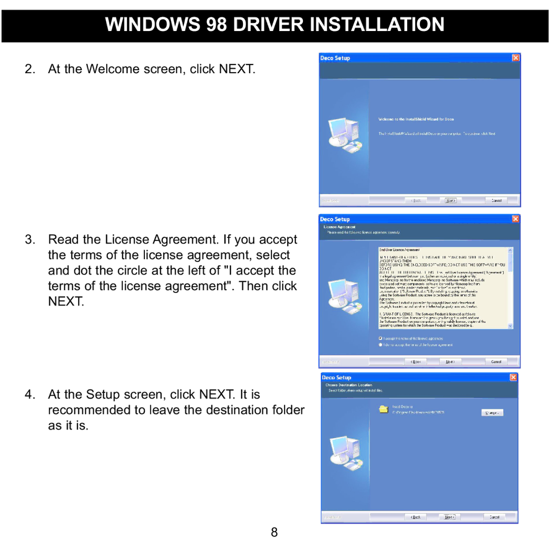 Memorex MMP8565 manual Windows 98 Driver Installation 