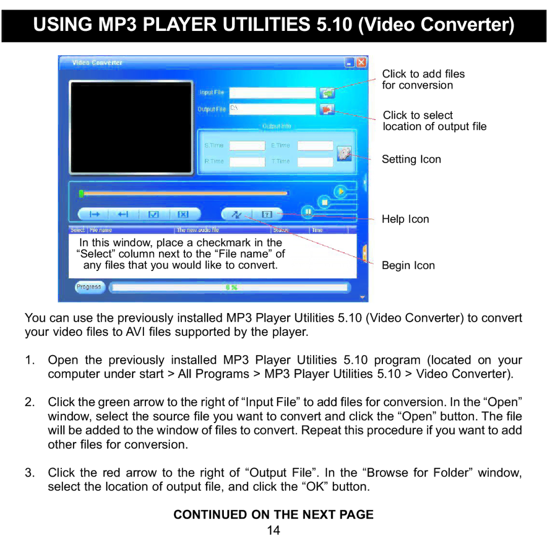 Memorex MMP8568-ACM, MMP8568-HIT, MMP8568-SPT manual Using MP3 Player Utilities 5.10 Video Converter 