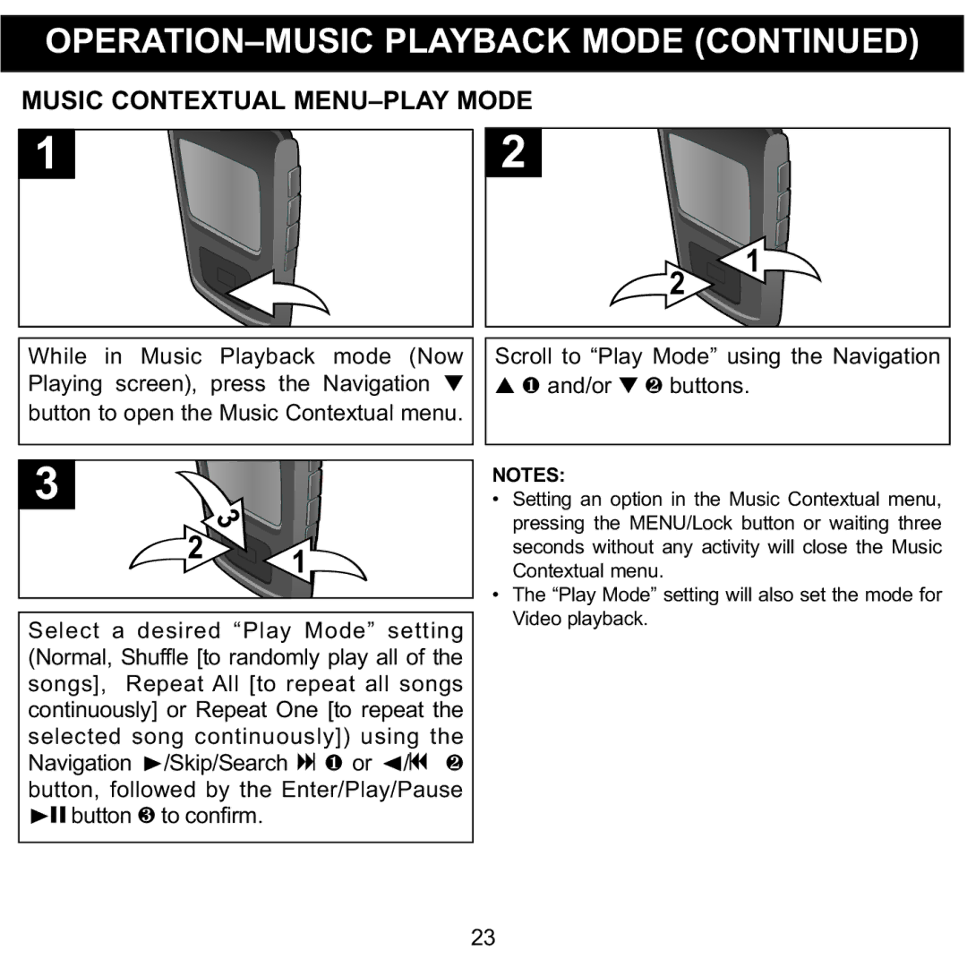 Memorex MMP8568-ACM, MMP8568-HIT, MMP8568-SPT manual Music Contextual MENU-PLAY Mode, Select a desired Play Mode setting 