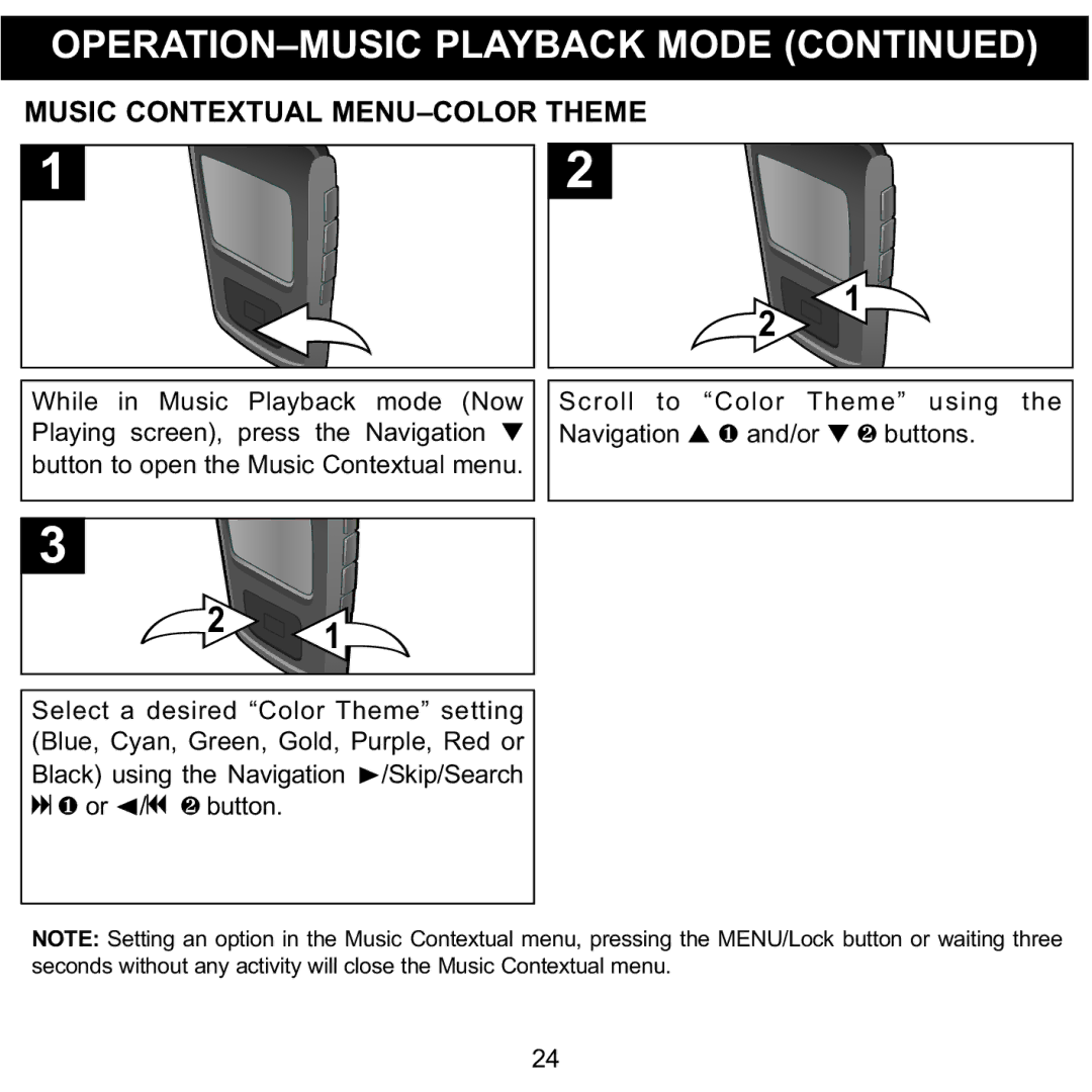 Memorex MMP8568-HIT, MMP8568-ACM, MMP8568-SPT manual Music Contextual MENU-COLOR Theme 