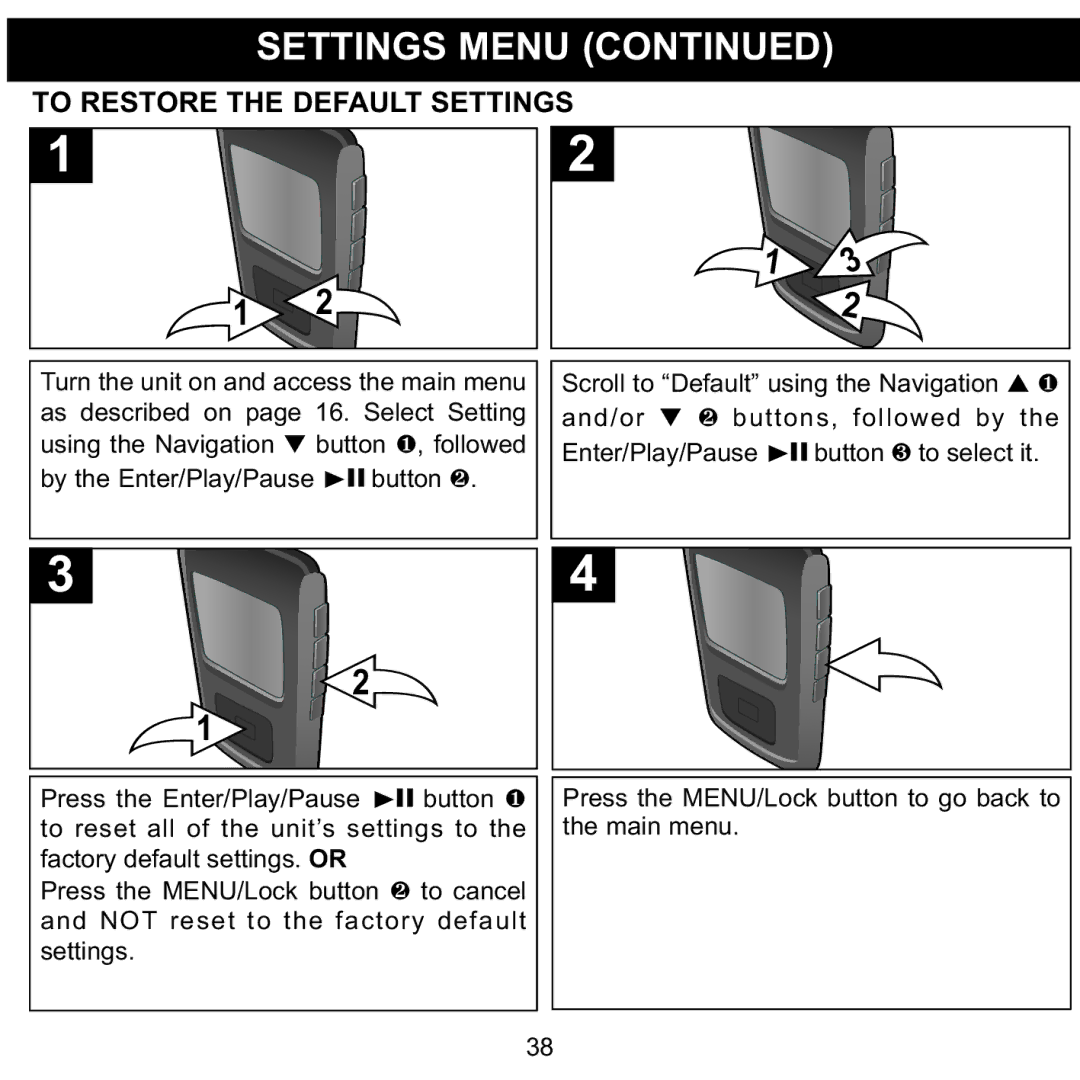 Memorex MMP8568-ACM, MMP8568-HIT, MMP8568-SPT manual TO1RESTORE the Default SETTINGS2 