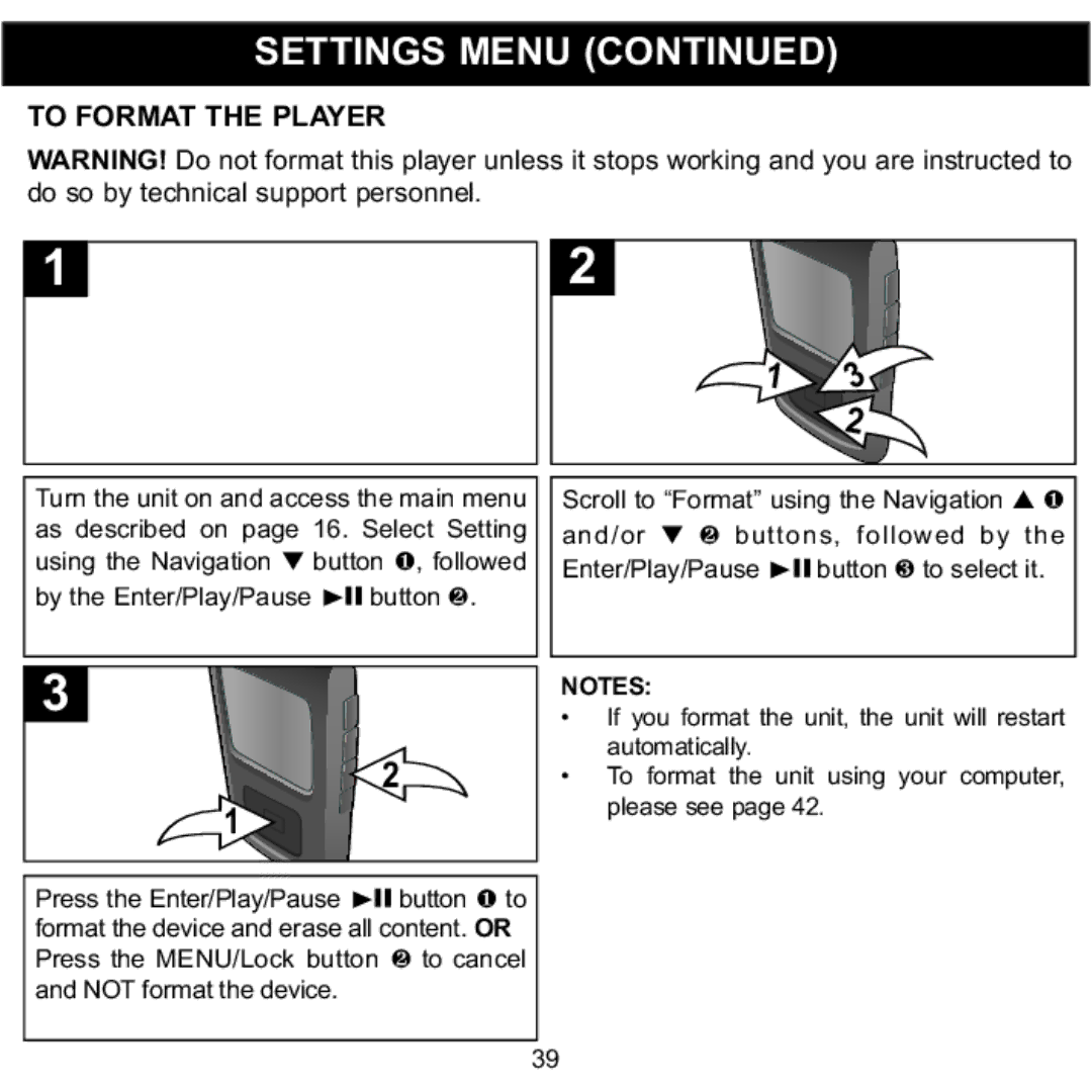 Memorex MMP8568-HIT, MMP8568-ACM, MMP8568-SPT manual To Format the Player 