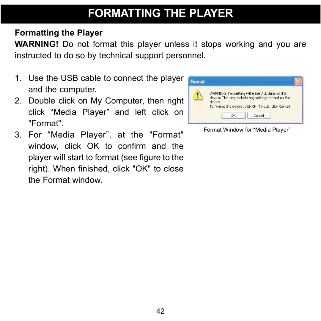 Memorex MMP8568-HIT, MMP8568-ACM, MMP8568-SPT manual Formatting the Player 