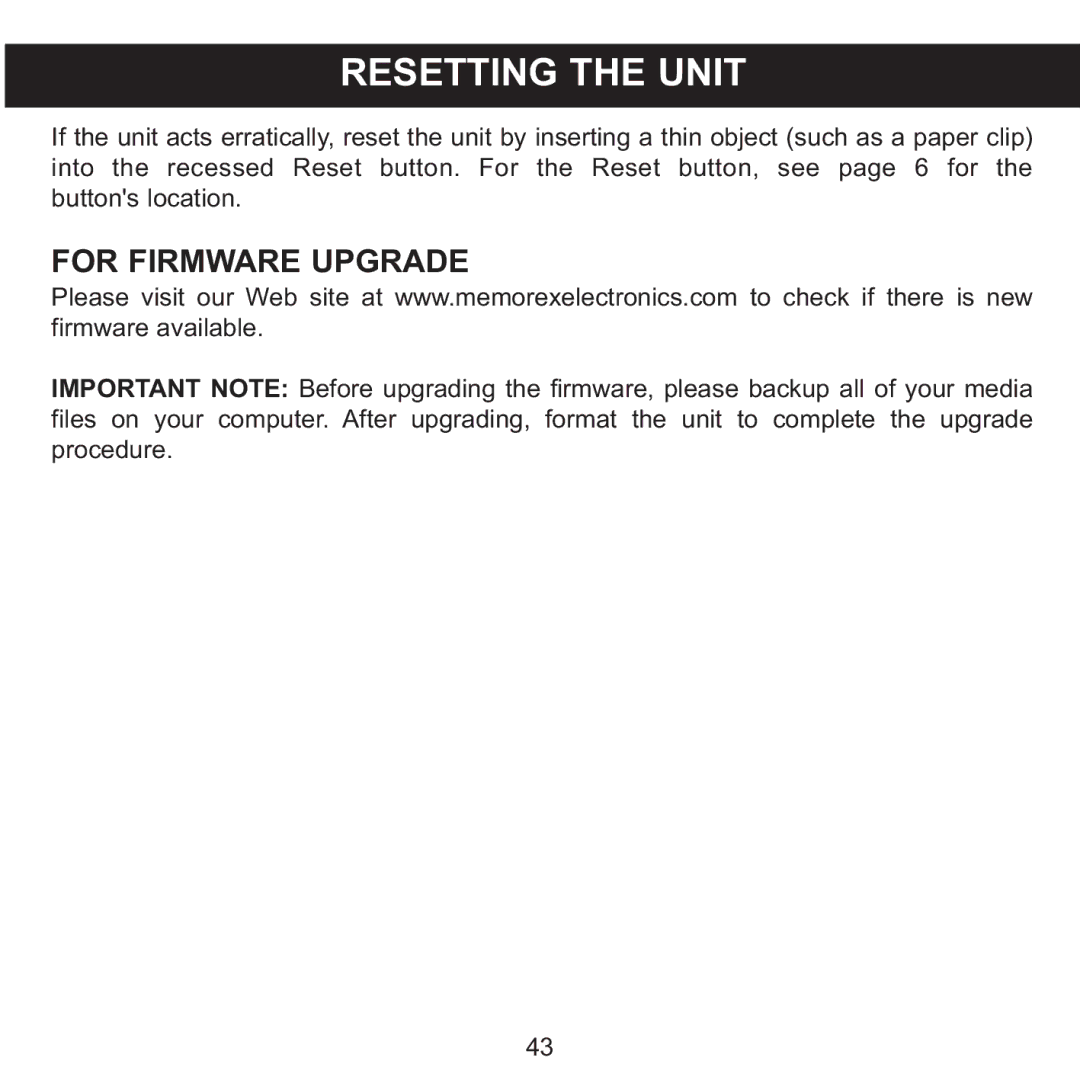 Memorex MMP8568-SPT, MMP8568-ACM, MMP8568-HIT manual Resetting the Unit, For Firmware Upgrade 