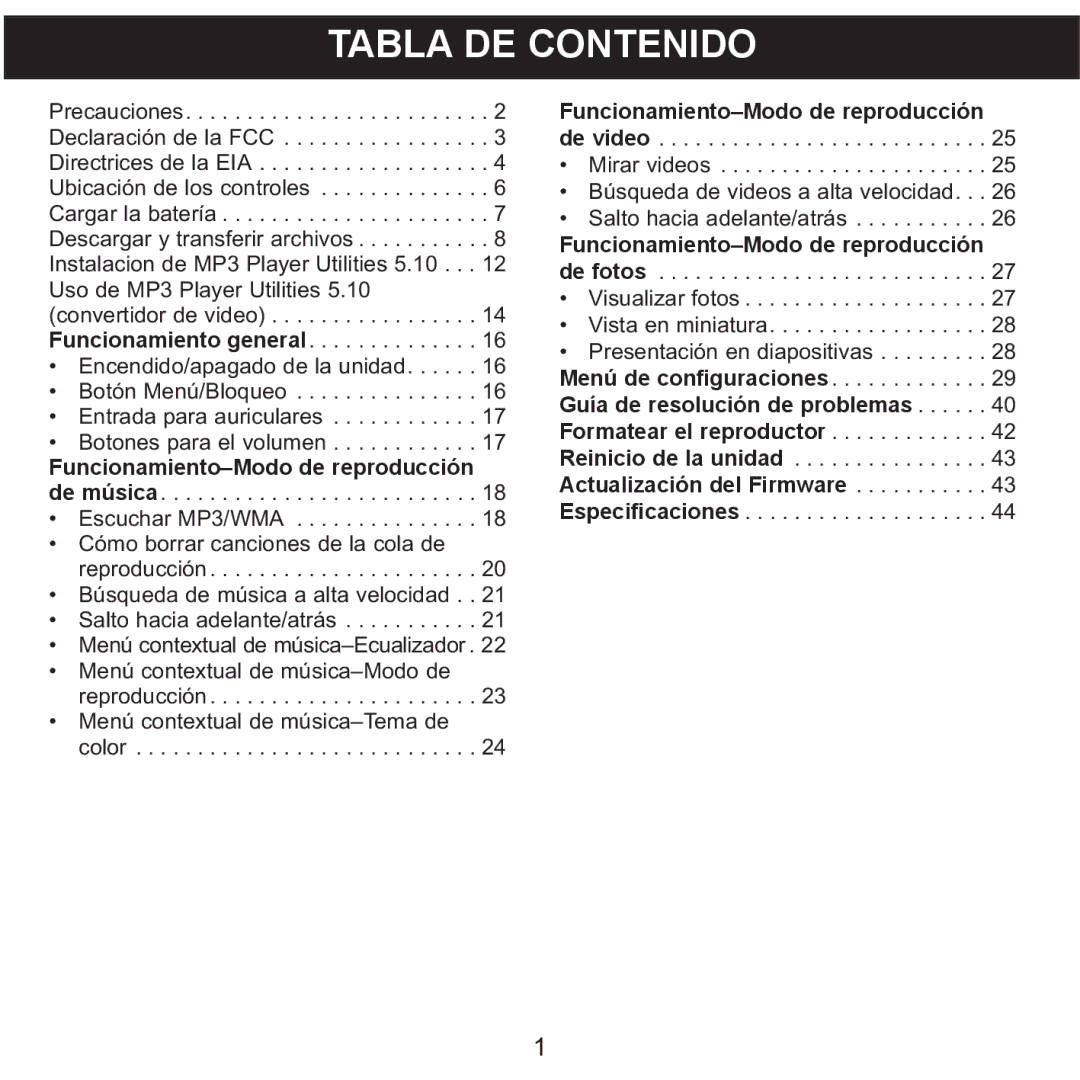 Memorex MMP8568-SPT, MMP8568-ACM, MMP8568-HIT Tabla DE Contenido, De la unidad Botón Menú/Bloqueo Entrada para auriculares 