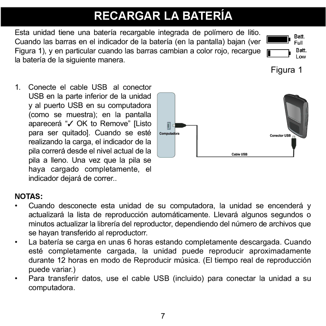 Memorex MMP8568-SPT, MMP8568-ACM Recargar LA Batería, La batería de la siguiente manera, Conecte el cable USB al conector 