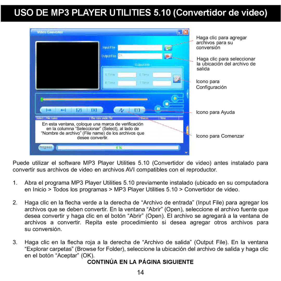 Memorex MMP8568-ACM, MMP8568-HIT, MMP8568-SPT manual USO DE MP3 Player Utilities 5.10 Convertidor de video 