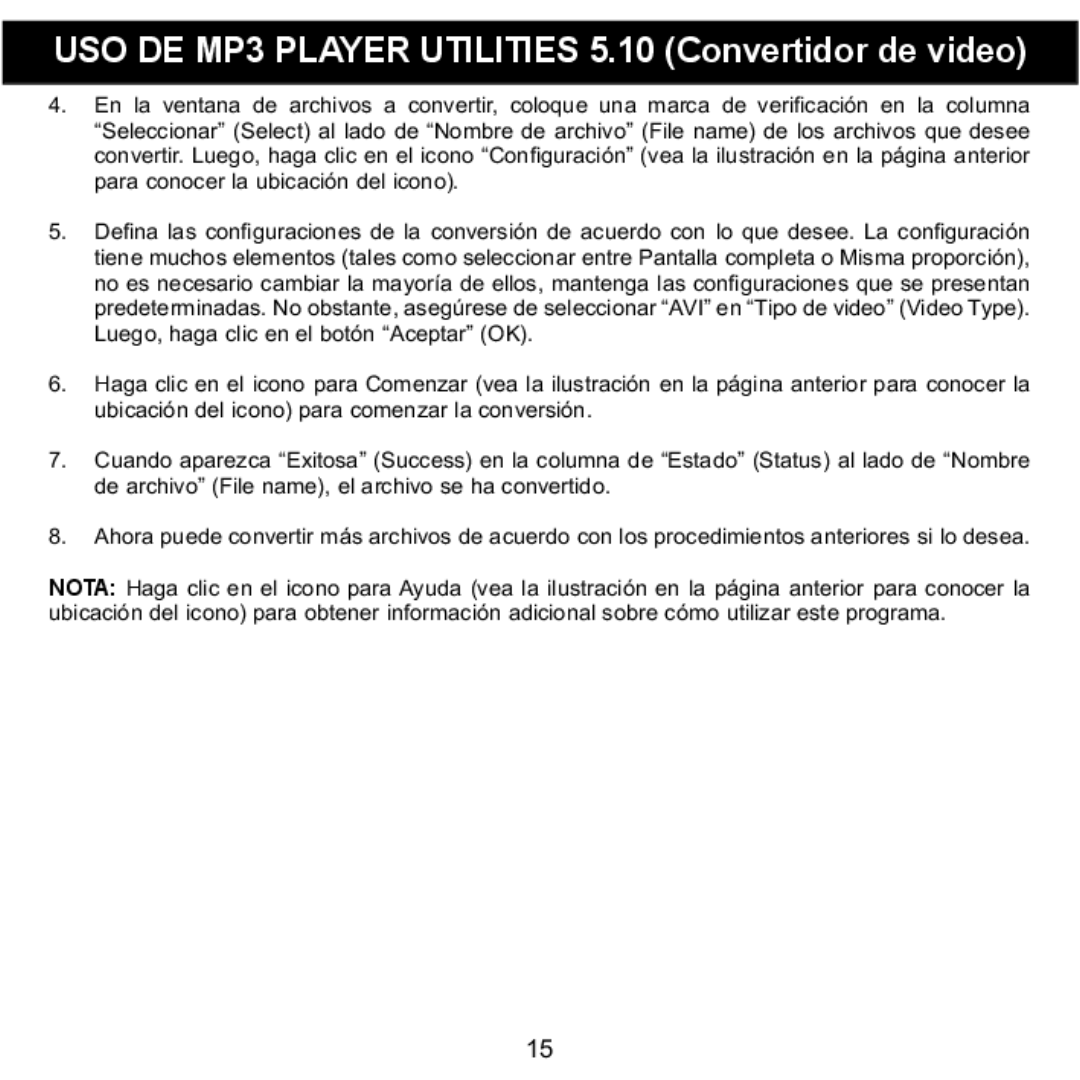 Memorex MMP8568-HIT, MMP8568-ACM, MMP8568-SPT manual USO DE MP3 Player Utilities 5.10 Convertidor de video 