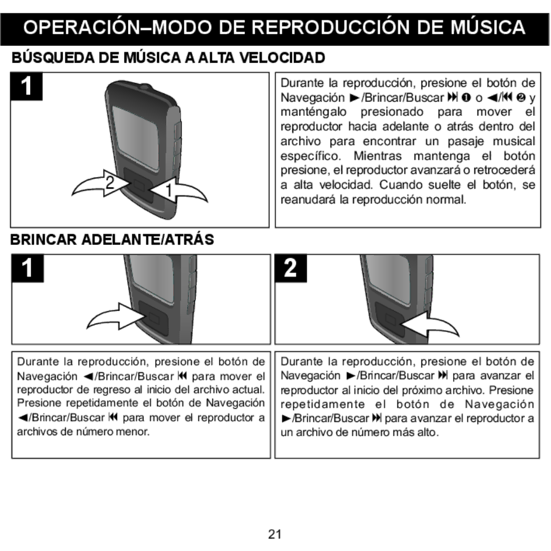 Memorex MMP8568-HIT, MMP8568-ACM, MMP8568-SPT manual Búsqueda DE Música a Alta Velocidad, Brincar ADELANTE/ATRÁS, Mover 