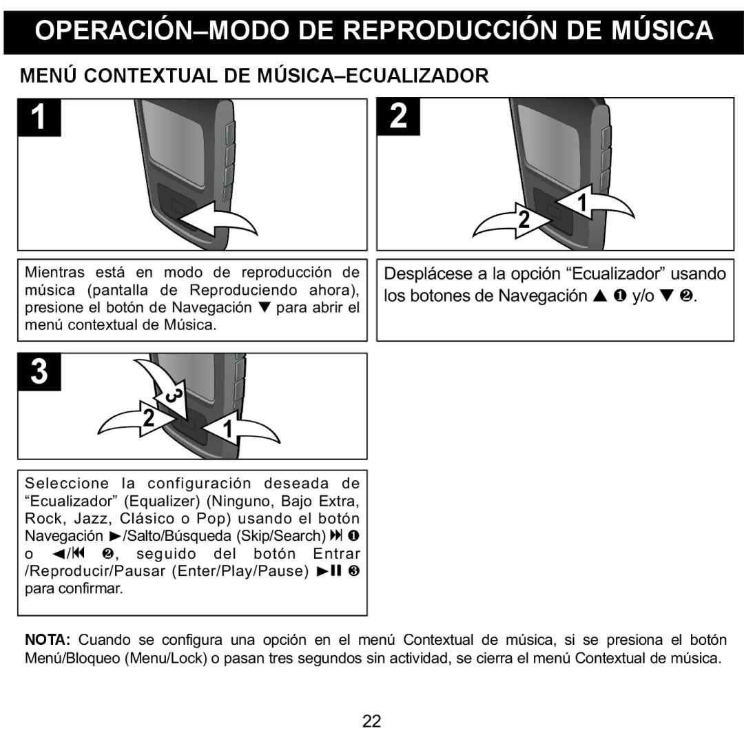 Memorex MMP8568-SPT, MMP8568-ACM, MMP8568-HIT manual Menú Contextual DE MÚSICA-ECUALIZADOR, Los botones de Navegación 