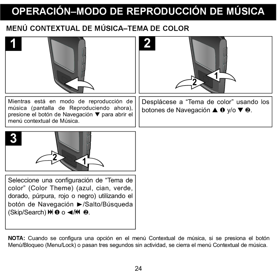 Memorex MMP8568-HIT, MMP8568-ACM manual Menú Contextual DE MÚSICA-TEMA DE Color, Desplácese a Tema de color usando los 