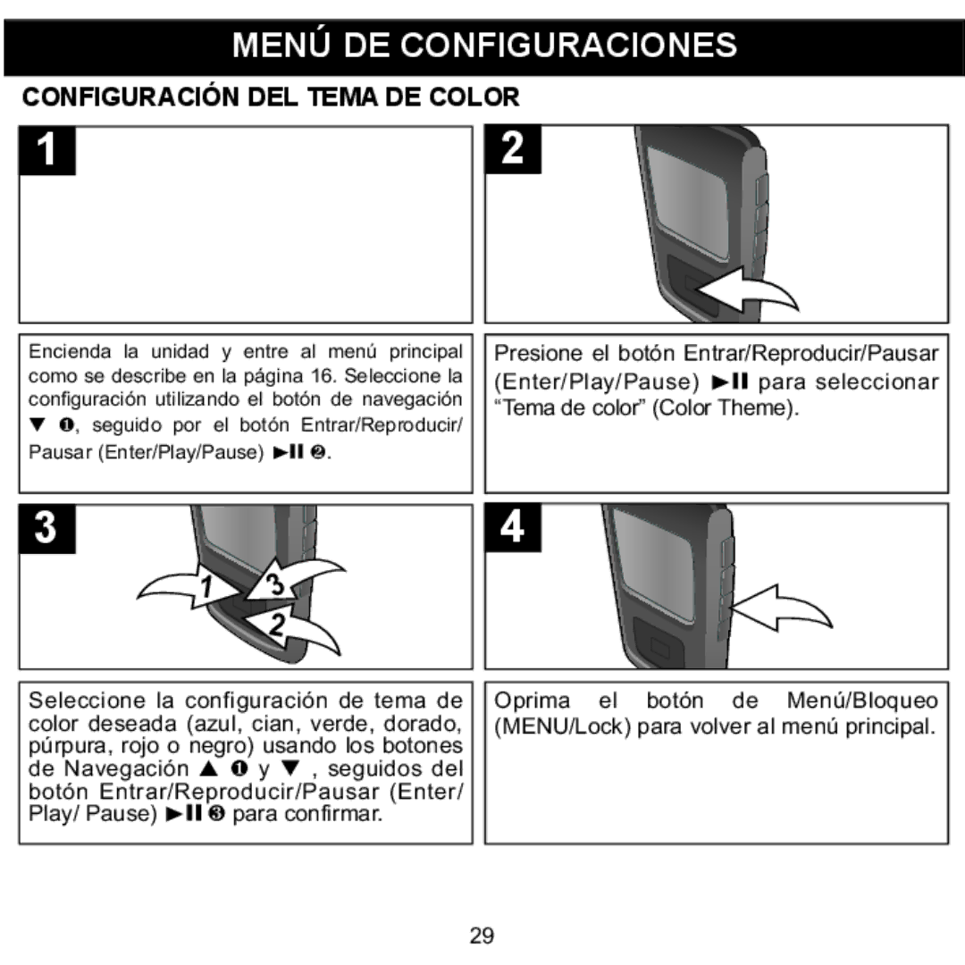 Memorex MMP8568-ACM Menú DE Configuraciones, Configuración DEL Tema DE Color, Presione el botón Entrar/Reproducir/Pausar 