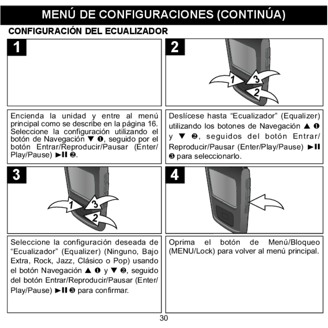 Memorex MMP8568-HIT, MMP8568-ACM, MMP8568-SPT manual Menú DE Configuraciones Continúa, Configuración DEL Ecualizador 