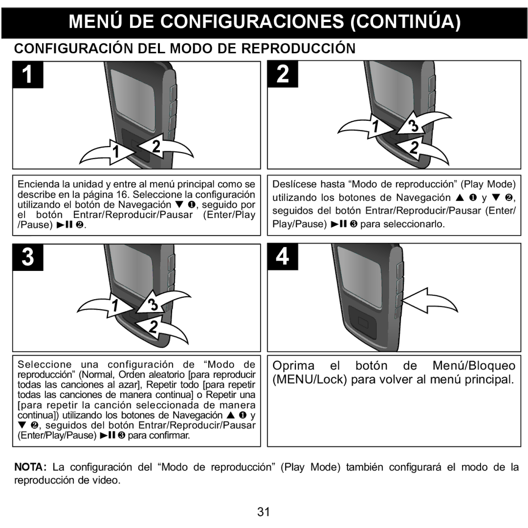 Memorex MMP8568-SPT, MMP8568-ACM, MMP8568-HIT Configuración DEL Modo DE Reproducción, Play/Pause p 3 para seleccionarlo 