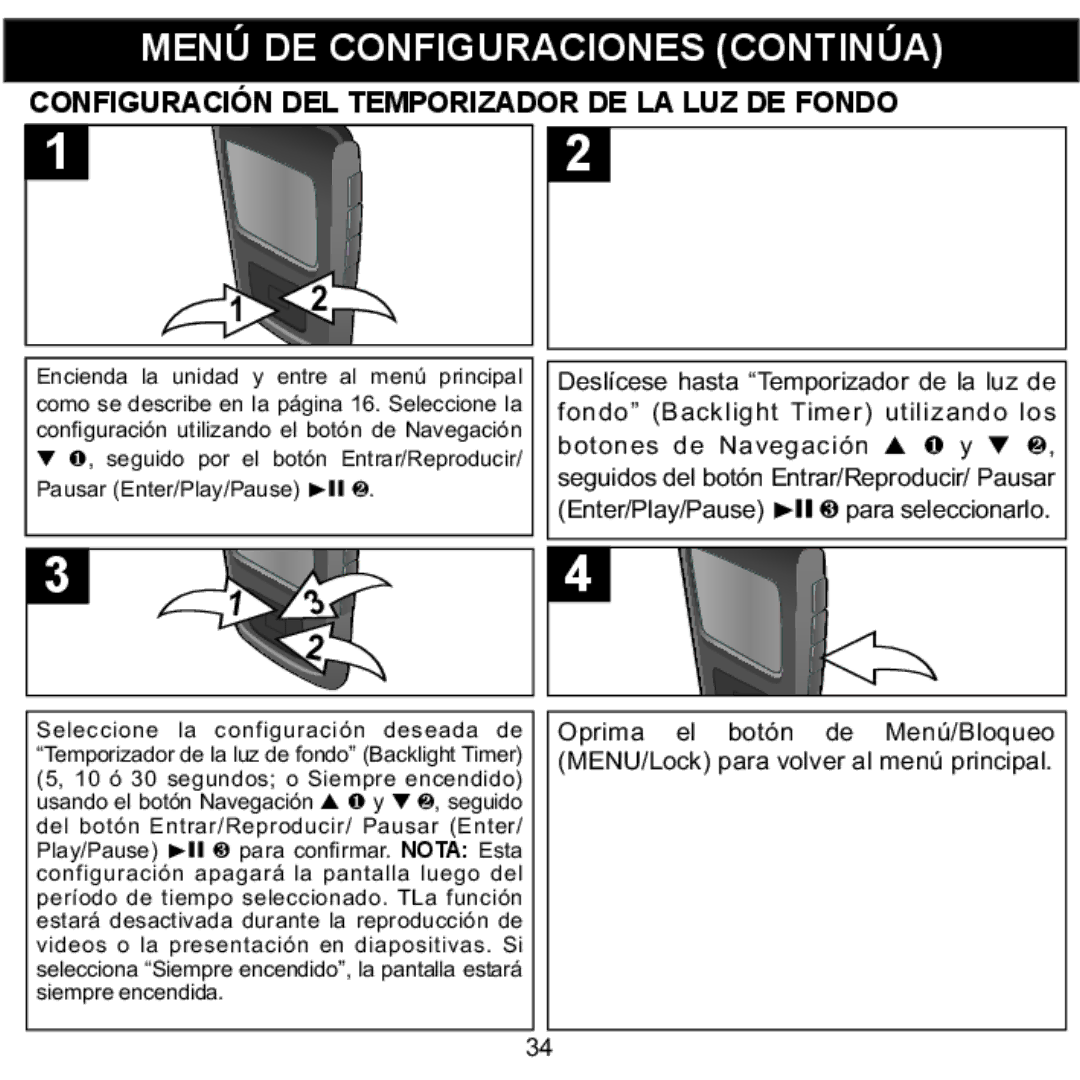 Memorex MMP8568-SPT, MMP8568-ACM, MMP8568-HIT manual Configuración DEL Temporizador DE LA LUZ DE Fondo 