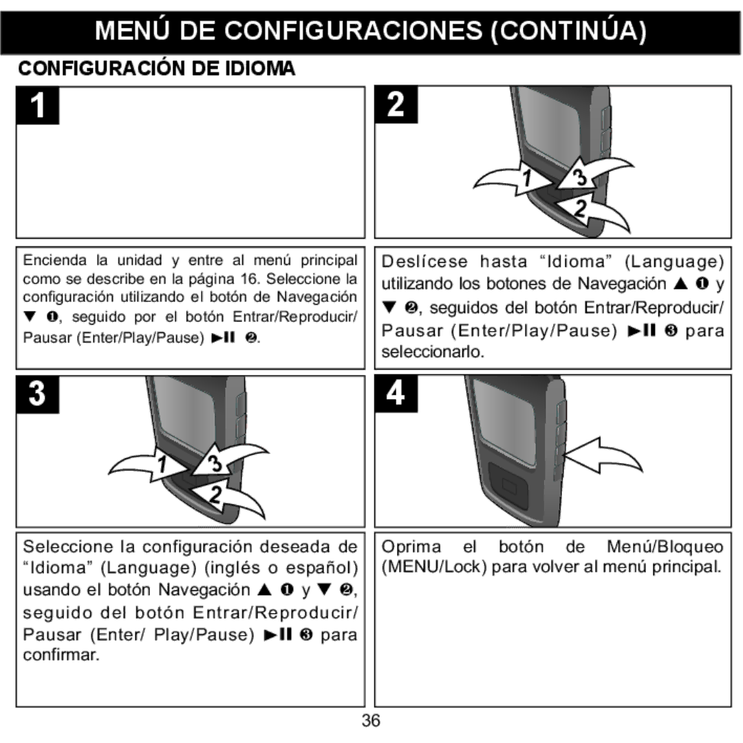 Memorex MMP8568-HIT manual Configuración DE Idioma, Deslícese hasta Idioma Language, Seguidos del botón Entrar/Reproducir 