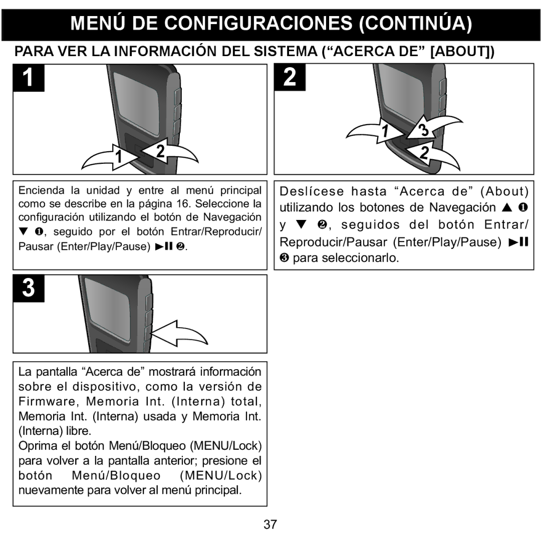 Memorex MMP8568-SPT, MMP8568-ACM manual Para VER LA Información DEL Sistema Acerca DE about, Deslícese hasta Acerca de About 