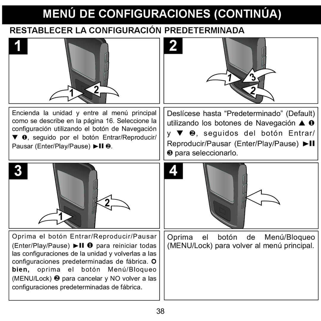 Memorex MMP8568-ACM, MMP8568-HIT manual Restablecer LA Configuración Predeterminada, Deslícese hasta Predeterminado Default 