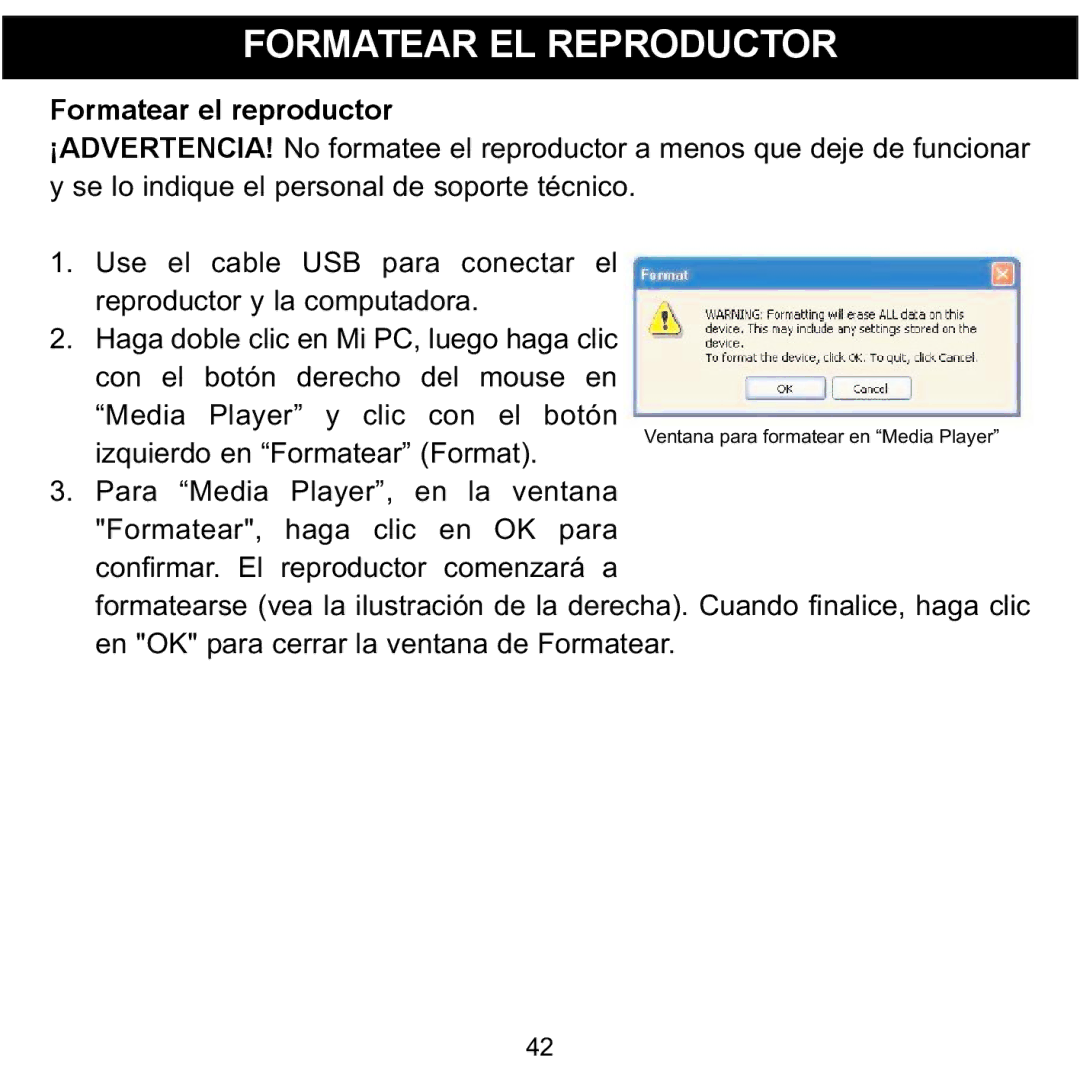 Memorex MMP8568-HIT, MMP8568-ACM, MMP8568-SPT manual Formatear EL Reproductor, Formatear el reproductor 