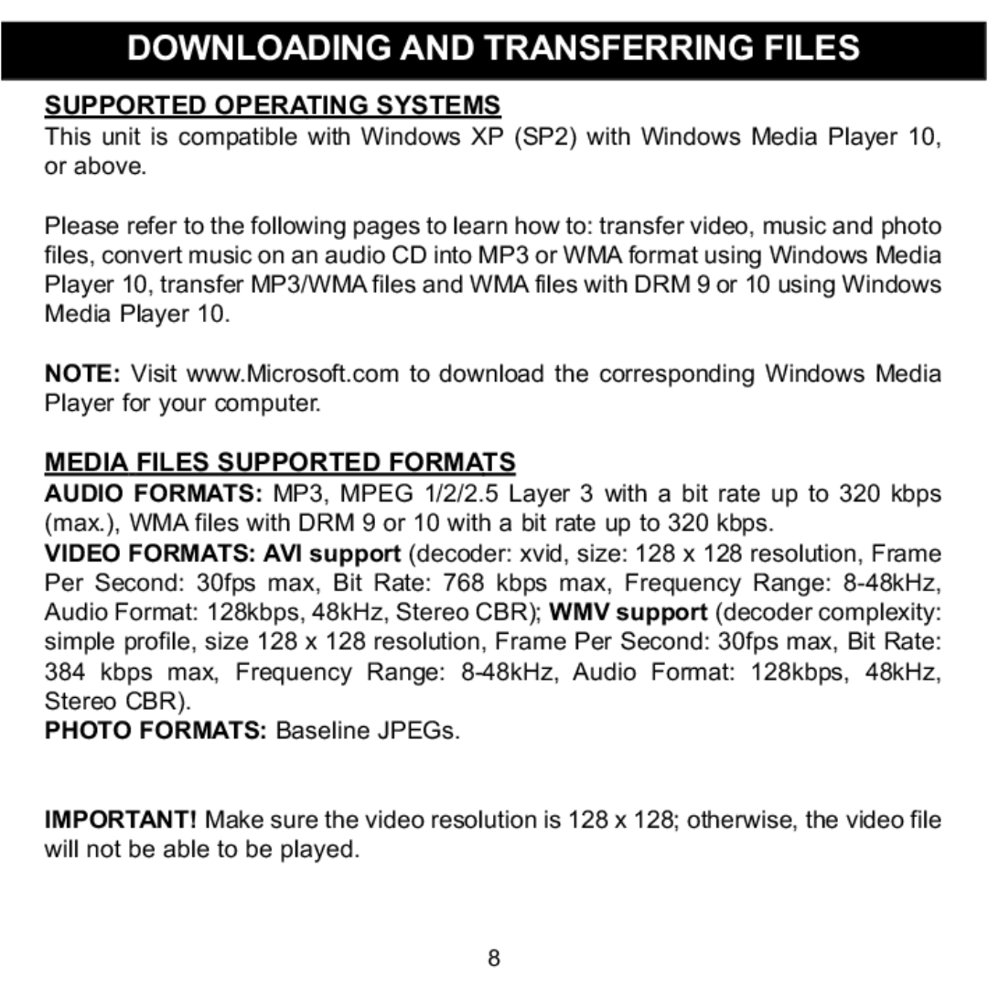 Memorex MMP8568-ACM manual Downloading and Transferring Files, Supported Operating Systems, Media Files Supported Formats 