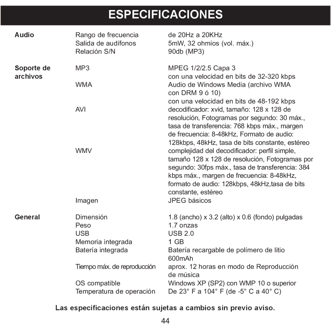 Memorex MMP8568-ACM, MMP8568-HIT, MMP8568-SPT manual Especificaciones, Audio Soporte de archivos General 