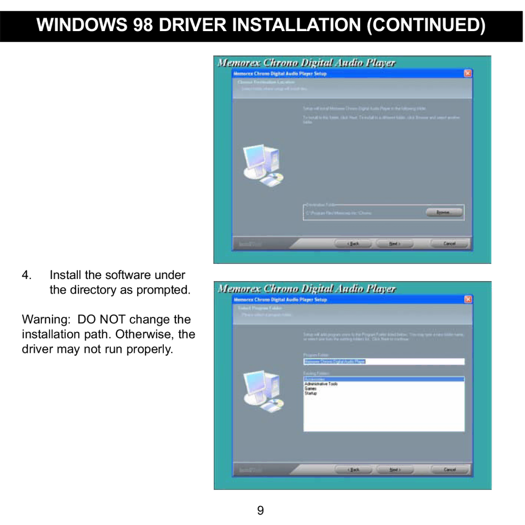 Memorex MMP8570 manual Install the software under the directory as prompted 