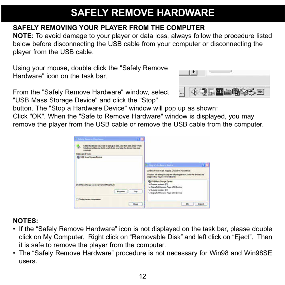 Memorex MMP8570 manual Safely Remove Hardware, Safely Removing Your Player from the Computer 